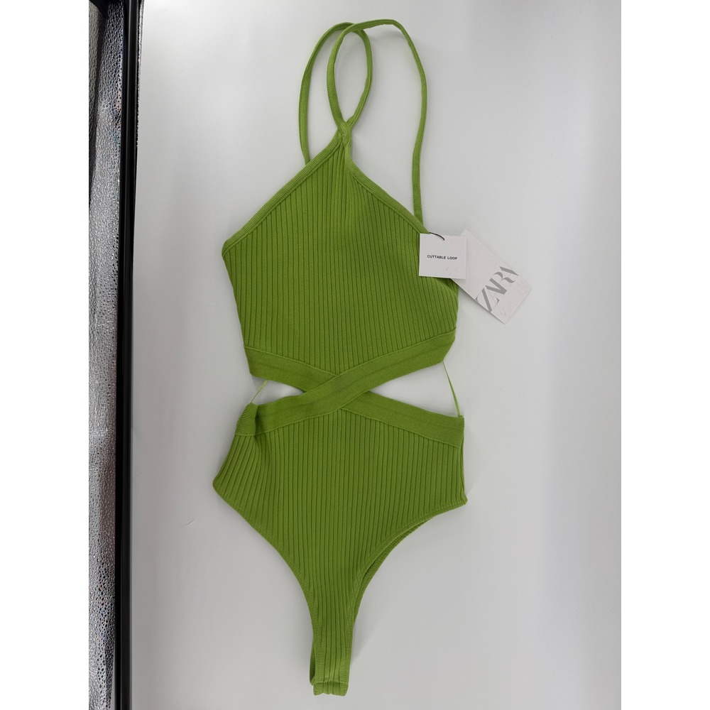 Zara Ribbed Cut Out Halter Bodysuit Lime Green Medium 0858/811/540 NEW‎